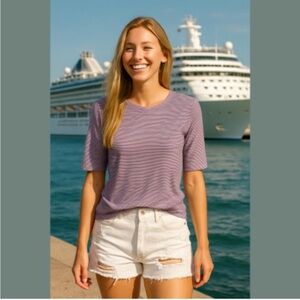 Nwot BRR Cooling Tee Denim & Co Striped Crew Neck Elbow Sleeve Purple Top Large